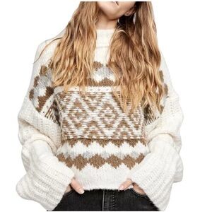 Free People White and Brown Cowl Neck Sweater